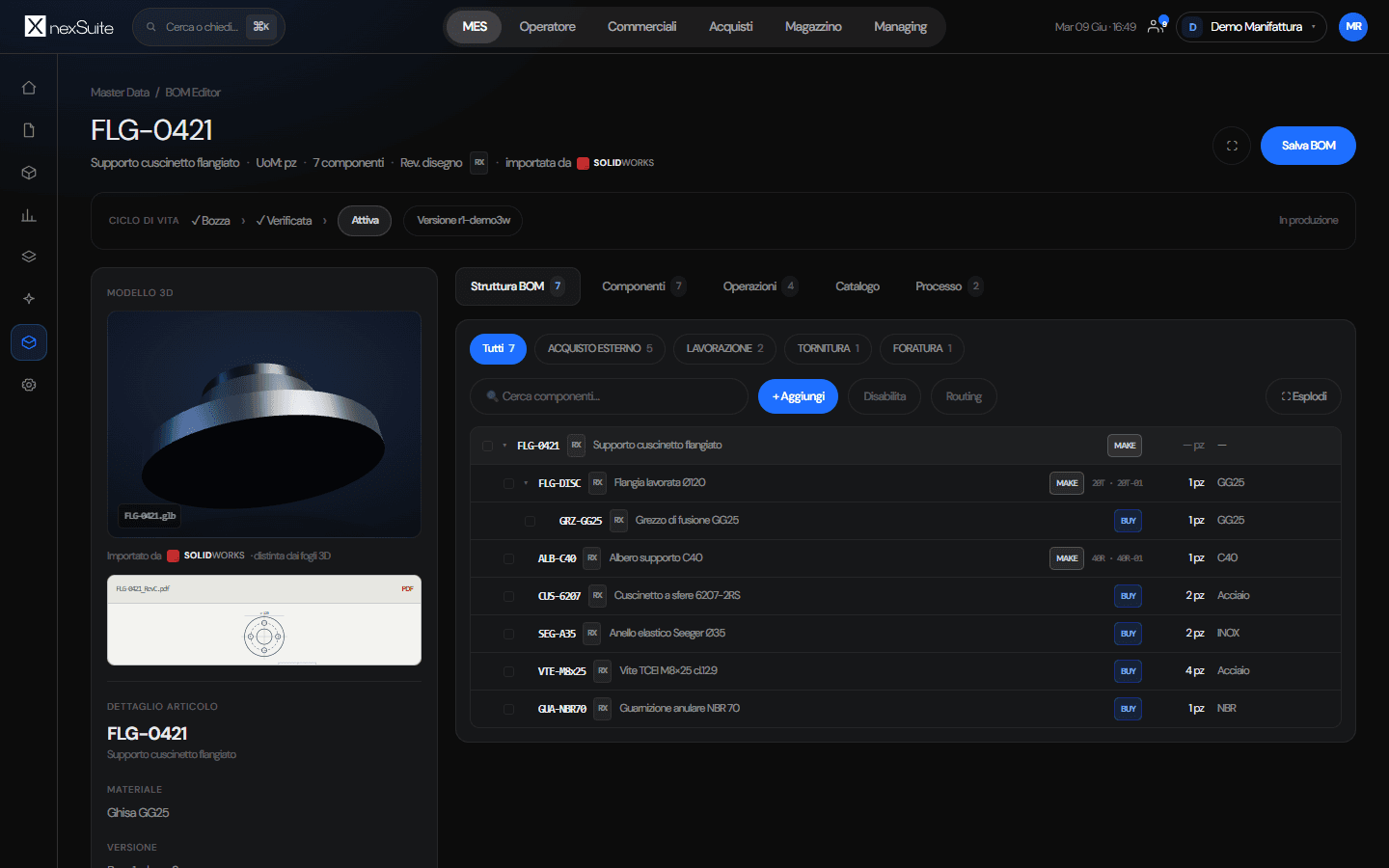 opx - BOM Editor: distinta importata dal CAD con componenti e operazioni