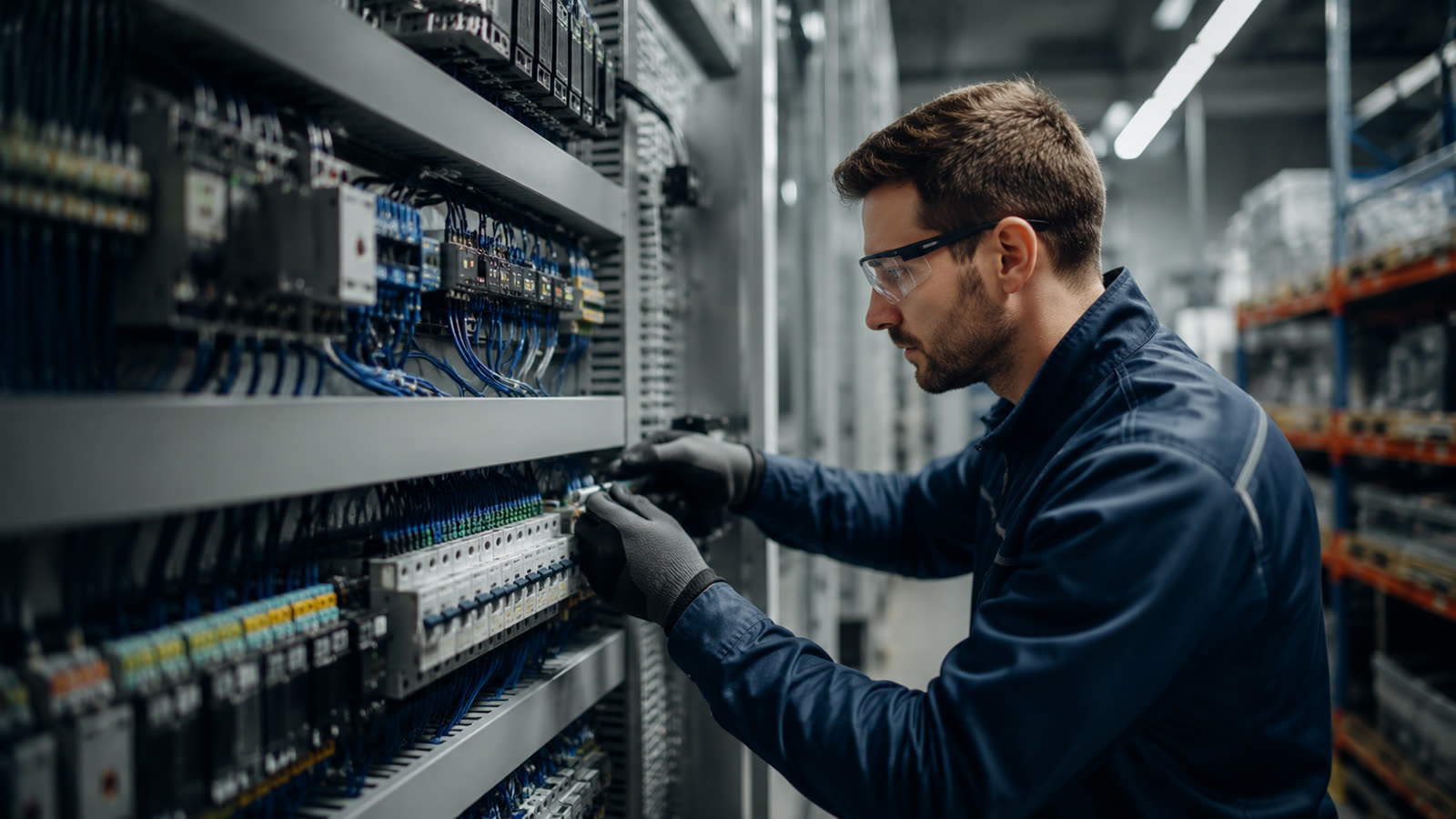 Tecnico che interviene sul quadro elettrico di una linea, in reparto